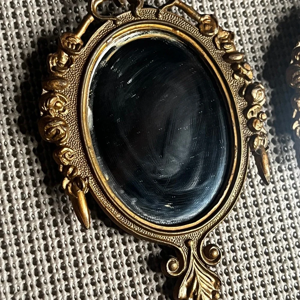 Vintage Made in Italy Ornate Brass Oval Frames Black Convex Glass Pair 4.25